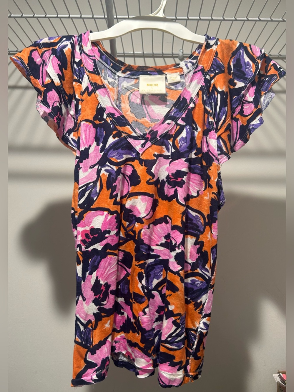 Anthropologie Maeve Floral V-Neck Flutter Sleeve Top - Orange, Pink, Purple M